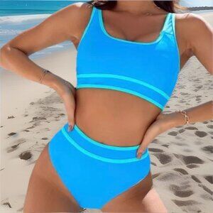 BMJL Womens 2 Piece  Womens Swimsuit Small Blue Color Block High Waist Tank Top